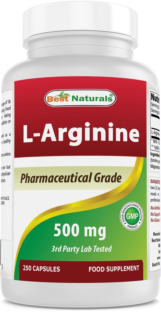 Best Naturals L-Arginine 500 מ"ג 250 קפסולות - תוסף פרמצבל L Arginine מקדם סינתזה תחמוצת חנקנית