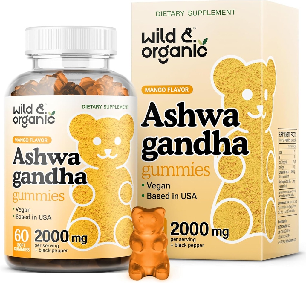 Wild & Organic Ashwagandha Gummies 2000mg - Mood תומך תוסף w /Ashwagandha Root תוספת כוח - Natural Calm תוסף חניכיים - 60 טבעוני, Non-GMO Chews