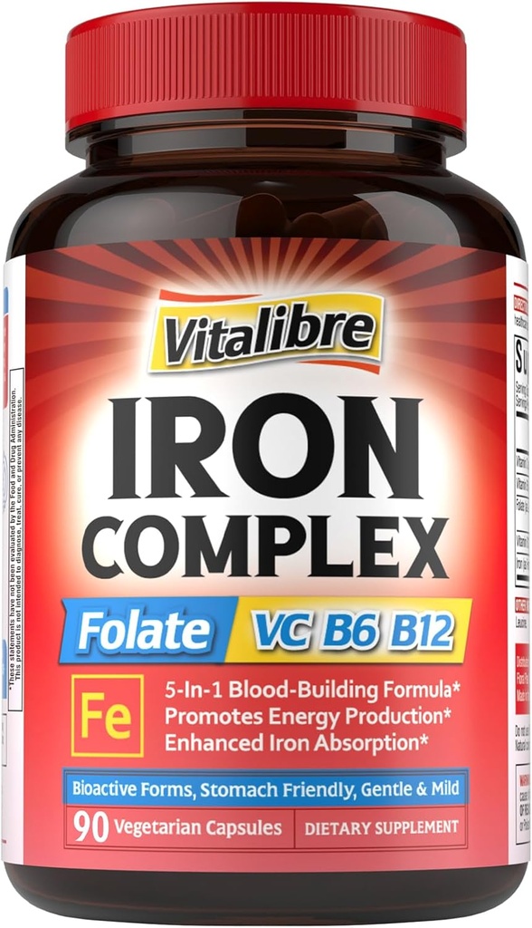 תוספת ברזל לנשים וגברים, עם ויטמין C, B6, B12 ו- Folate for Iron Deficiency, Blood Building & Energy Support, Stomach Friendly, Better Absorption, Non-GMO, No Gluten, 90 Vegan Caps