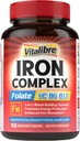 תוספת ברזל לנשים וגברים, עם ויטמין C, B6, B12 ו- Folate for Iron Deficiency, Blood Building & Energy Support, Stomach Friendly, Better Absorption, Non-GMO, No Gluten, 90 Vegan Caps