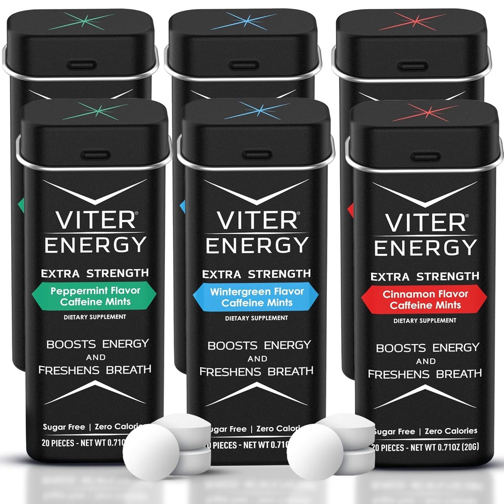 Viter Energy Extra Power Caffeinated Mints 80mg Caffeine, B ויטמינים, סוכר חינם (Variety, 20pcs, 6 Pack)