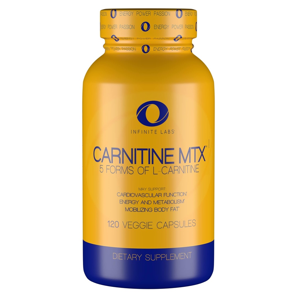 Infinite Labs L Carnitine 1000 מ"מ MTX - Amino Acid Band of Carnitine Fumarate, L-Carnitine L-Tartrate, Acetyl L-Carnitine HCL, L-Carnitine Base 120 Veggie קפסולות.