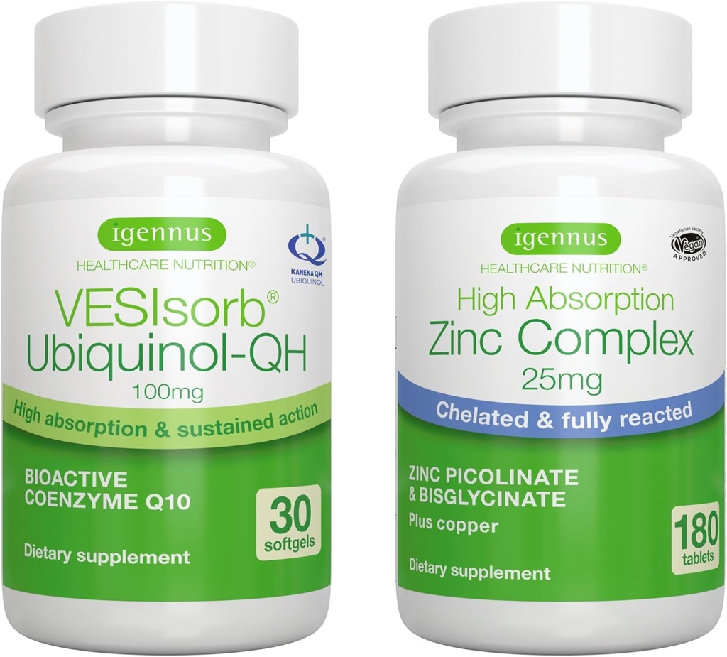 VESIsorb Ubiquinol-QH + Zinc Complex Bundle עבור פוריות, Fast-Acting Advanced CoQ10 100 מ"ג + 25 מ"ג Chelated Zinc, על ידי Igennusss