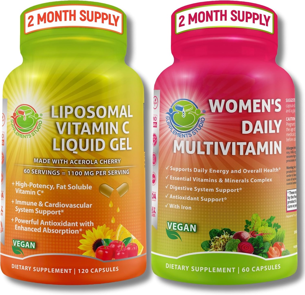 Immune Support Bundle - Liposomal ויטמין C 1100 מ"ג נוזל קפסולות עם אורגני Acerola Cherry & Vegan נשים s Daily Multivitamin עם ברזל - non-GMO, תמיכה יומית בריאות נקייה