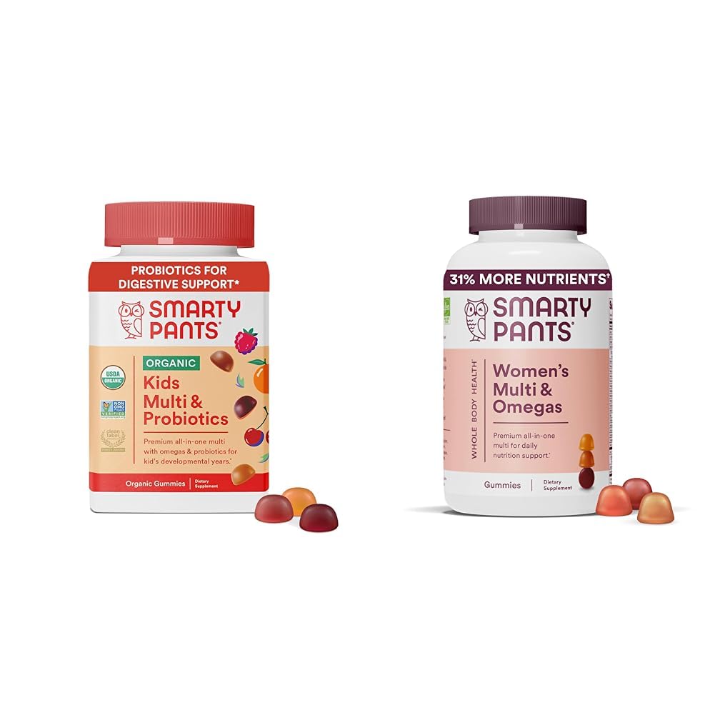 SmartyPants Organic Kids Multivitamin Gummies: Probiotics, אומגה 3 (ALA), ויטמין D3, C, ויטמין B12 & Women's Multivitamin Gummies: אומגה 3 שמן דגים (EPA / DHA), Methylfolate, CoQ10