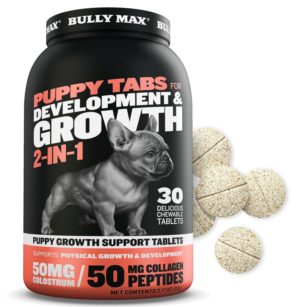 Bully Max 2-in-1 Puppy ויטמינים - 30 טבליות Chewable לפיתוח וצמיחה של Puppies - כלב טיפול, ויטמין & תוספי מזון לכלבים קטנים & גדול Breed גדל Pups - יכול לשמש מזון Topper