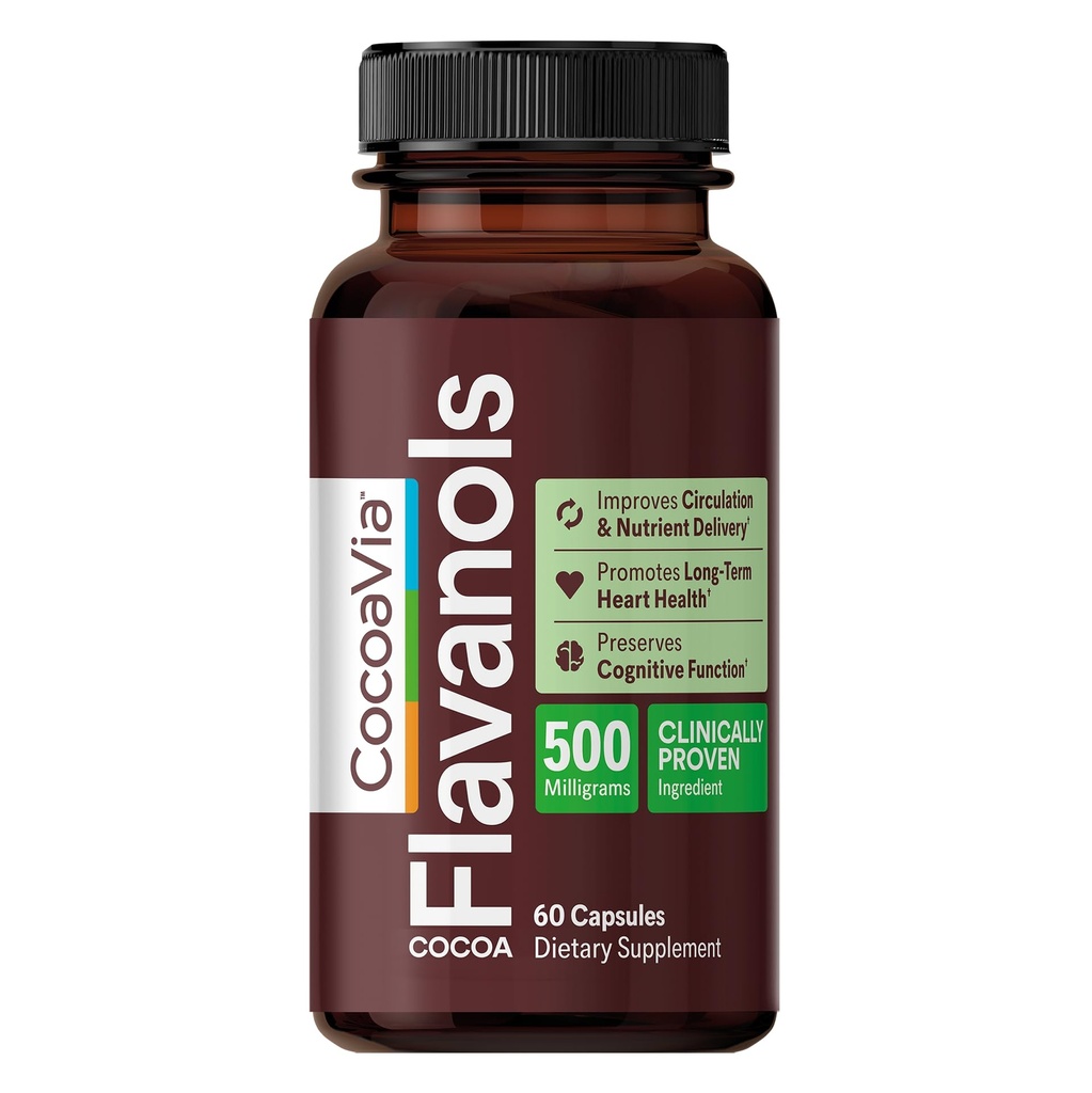 CocoaVia Cardio Health Supplement, 30 יום, 500 מ"ג Cocoa Flavanols, Support Heart Health, Boost Nitric Oxide, Blood Circulation, Energy, Vegan, Dark Chocolate, 60 קפסולות