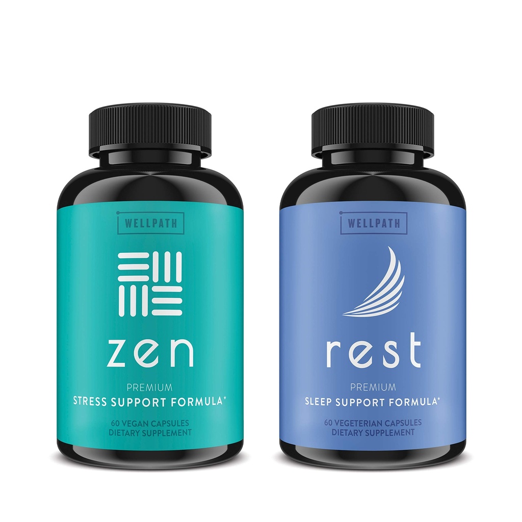 WellPath Zen Mood תומך + Rest Vallan Root Sleep Aids 2 Pack - שילוב האולטימטיבי עבור Calm Mood, אנרגיה ותמיכה טבעית - L-theanine & Other Natural Ingredients - 60 Cts כל אחד