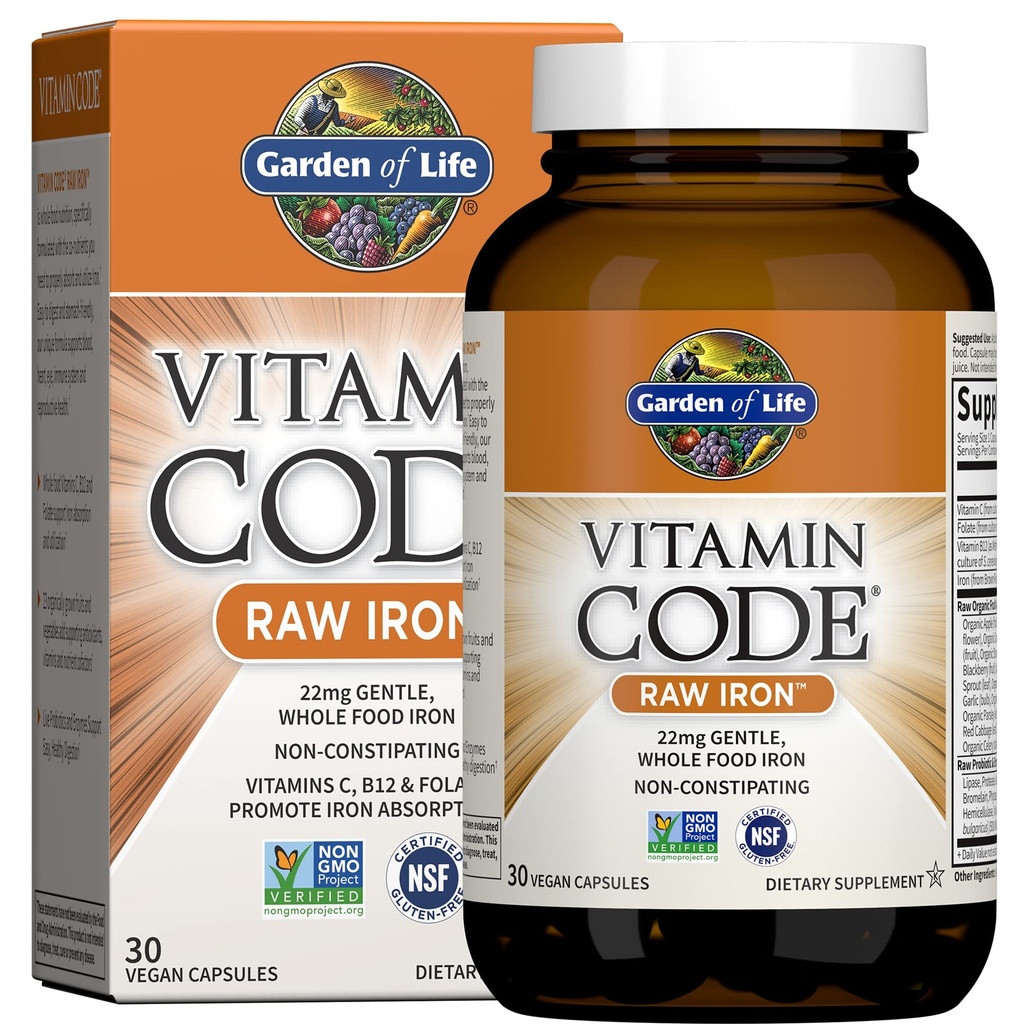 גן של Life ויטמין Code Raw Iron תוסף - 30 קפסולות טבעוניות, 22 מ"ג פעם ביום ברזל, ויטמינים C, B12, Folate, פירות, Veggies & Probiotics, תוספי ברזל לנשים, אנרגיה ואנגמיה תמיכה תמיכה