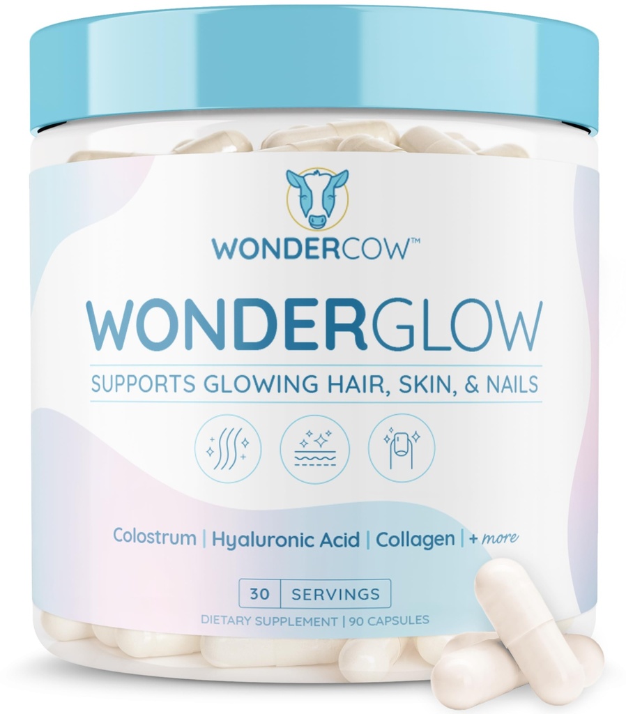WONDERCOW שיער עור וציפור ויטמינים w/Bovine Colostrum, Collagen, Hyaluronic Acid, Biotin, Zinc, & Lactoferrin┃Supports Faster Hair growth, Stronger Nails ו- Glowing Skin (30 משרתים, קפסולה)