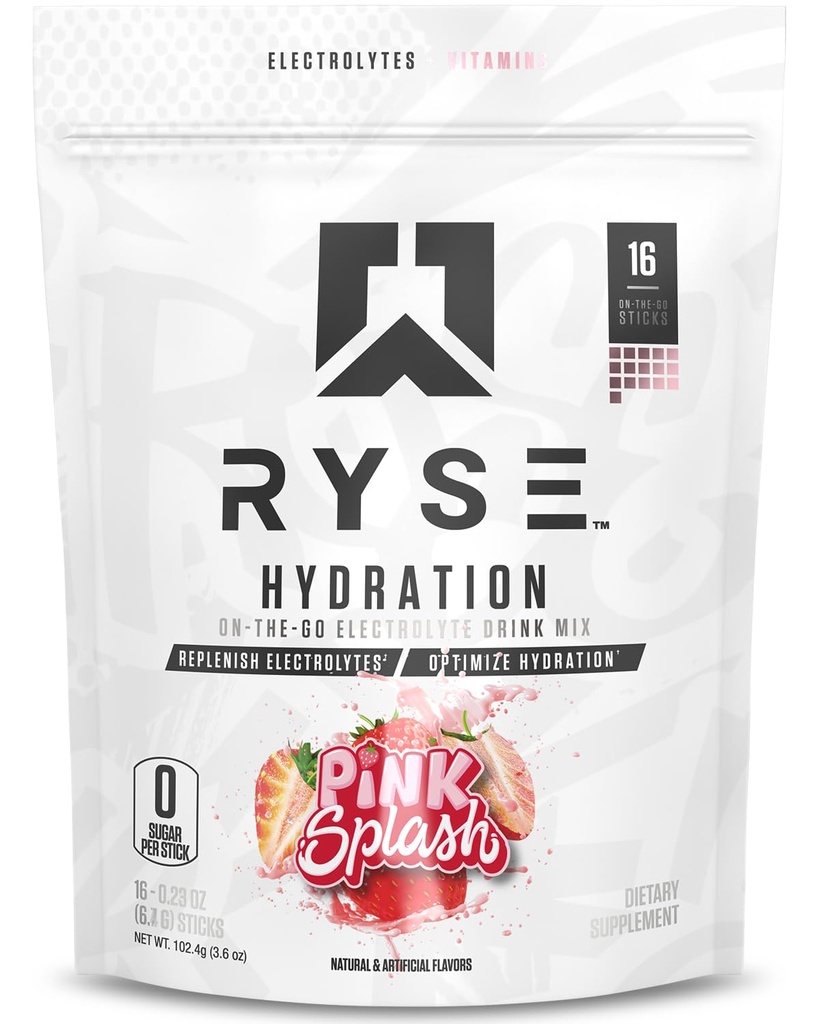 RYSE hydrolyte אבקת לשתות Mix Packets - Pink Splash - Sugar-Free Full Spectrum Electrolytes עם ויטמינים חיוניים, טאורין וצ'קלין עבור Rehydration - 16 ליטרים לשרת