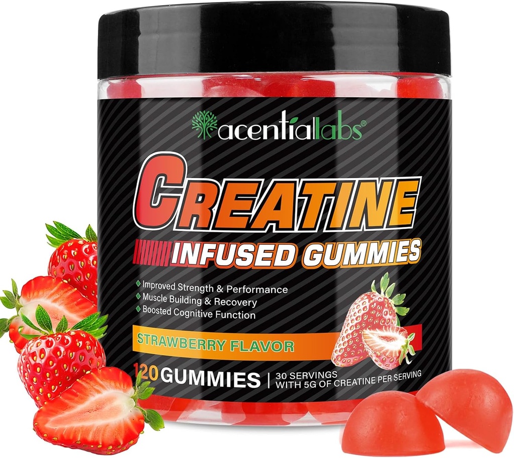 Creatine Monohydrate חניכיים 5000 מ"ג עבור גברים ונשים, Creatine Monohydrate, L-Taurine, ויטמין B12 עבור צמיחה שרירית, כוח, מיקוד, אנרגיה ובריאות, סוכר חינם, טבעוני, סטרוברי פלמור, 120 הרוזן ספירה