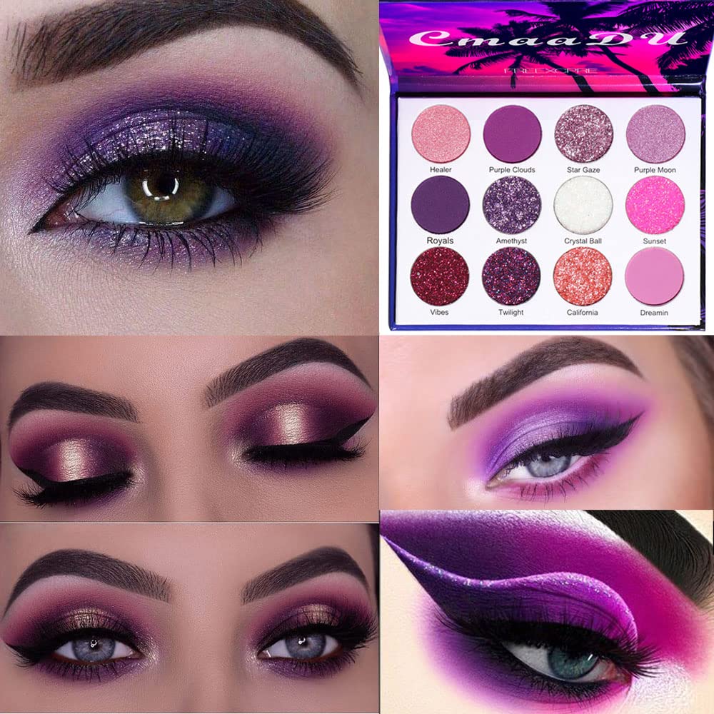 BINGBRUS 12 צבעים Glitter Purple Pink Eyeshadow Makeup Palette, Bright High Pigmented Metallic Shimmer Rainbow Colorful Pressed Eyeshadow