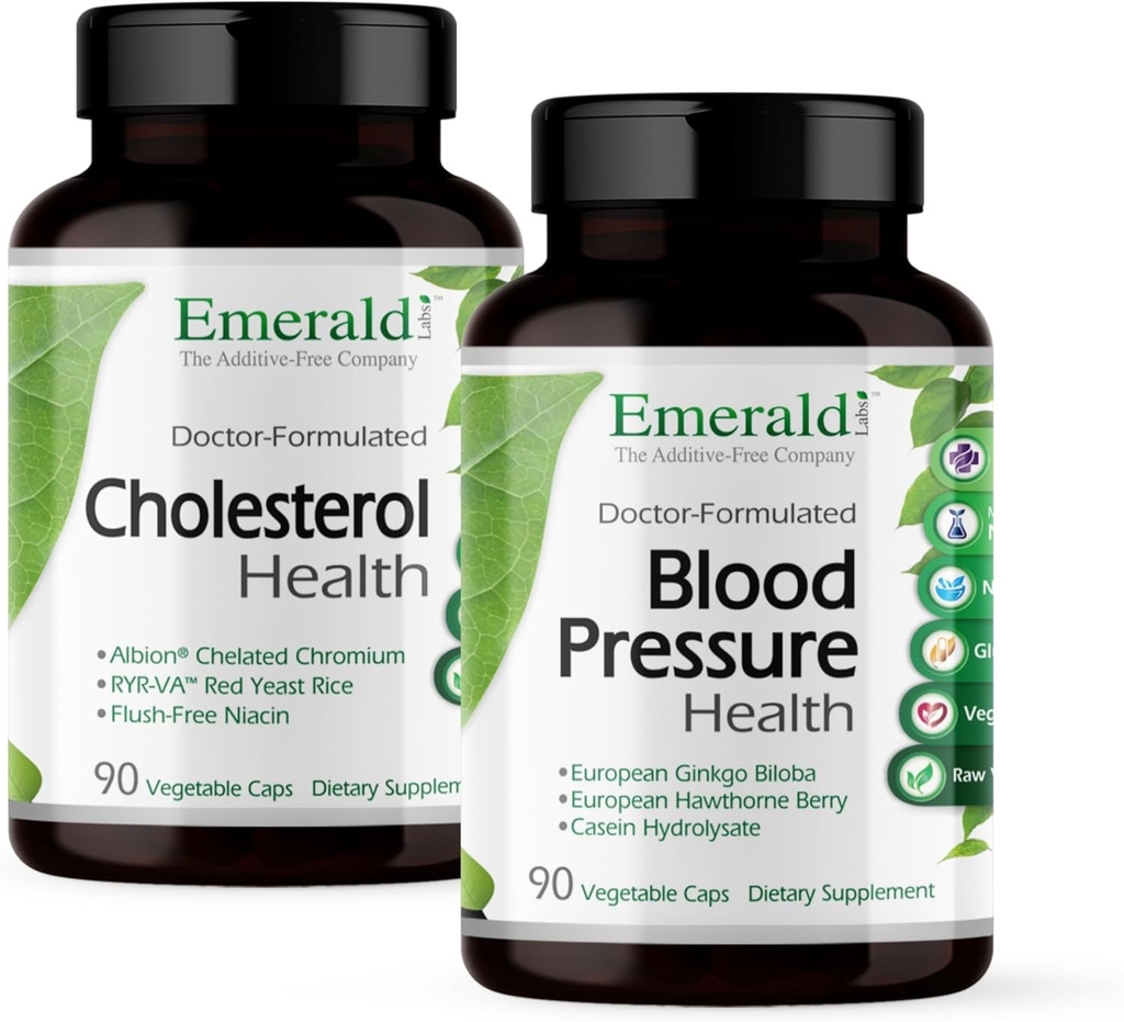 EMERALD LABS Cholesterol Health (90 Caps) & Blood Pressure Health (90 Caps) - תמיכה במערכת הלב & Circulatory - תמיכה ברמת לחץ הדם בטווח נורמלי - Gluten-Free - 30 יום אספקה