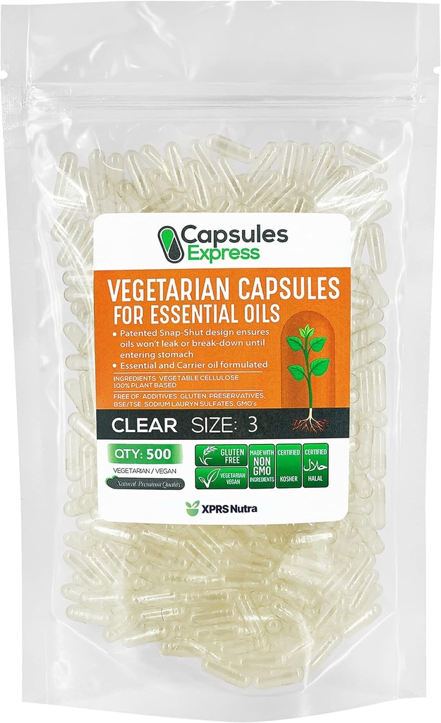 XPRS Nutra Size 3 קפסולות טבעוניות ריקות - 500 Count Clear Veggie קפסולות עבור רוב שמנים אתריים - גלולות ירקות ריקים - שמן מילוי