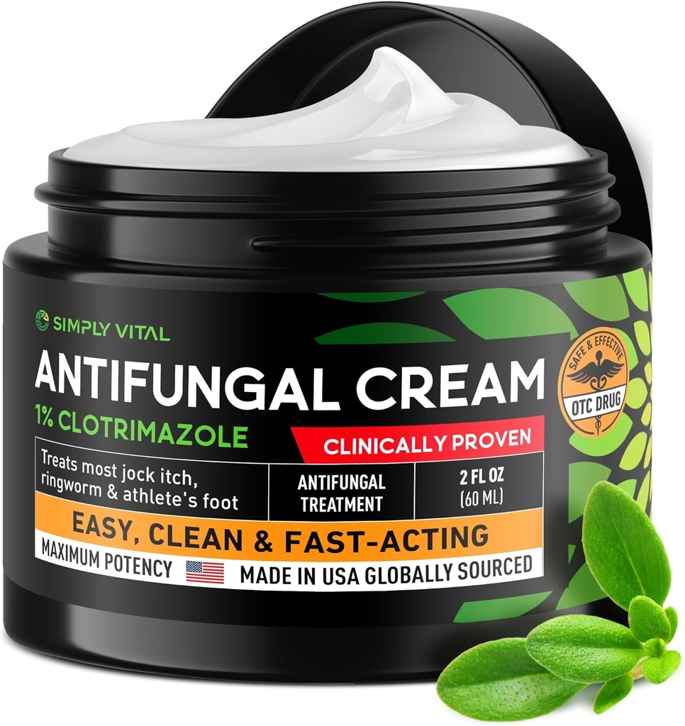 קרם Antifungal עבור Athlete's Foot, Ringworm & Jock Itch - Clotrimazole 1% מיוצר בארה"ב - תוספת כוח טבעת Worm, Jock Itch Cream, Anti Fun Athletes Foot Treatment for Humans Skin Fungus - 2 oz