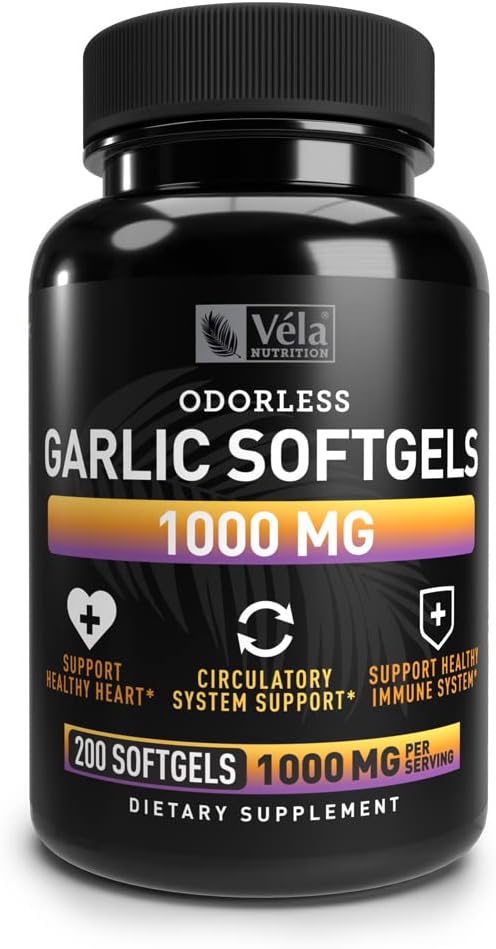 תוסף Garlic חסר אודור | 1,000 מ"ג לכל המשרתים | תמיכה בבריאות הלב, Circulation ו- Immune System | GMP Certified, non-GMO, 3rd Party Tested | 200 קפסולות