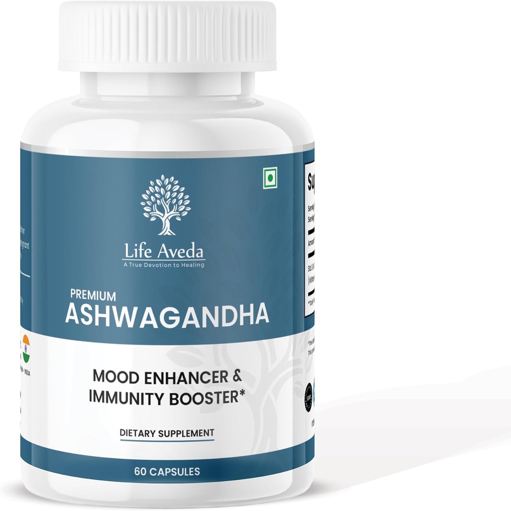 Life Aveda Ashwagandha 500 מ"ג, 60 קפסולות - תוסף צמחי טבעי למבוגרים (1-Month Supply)