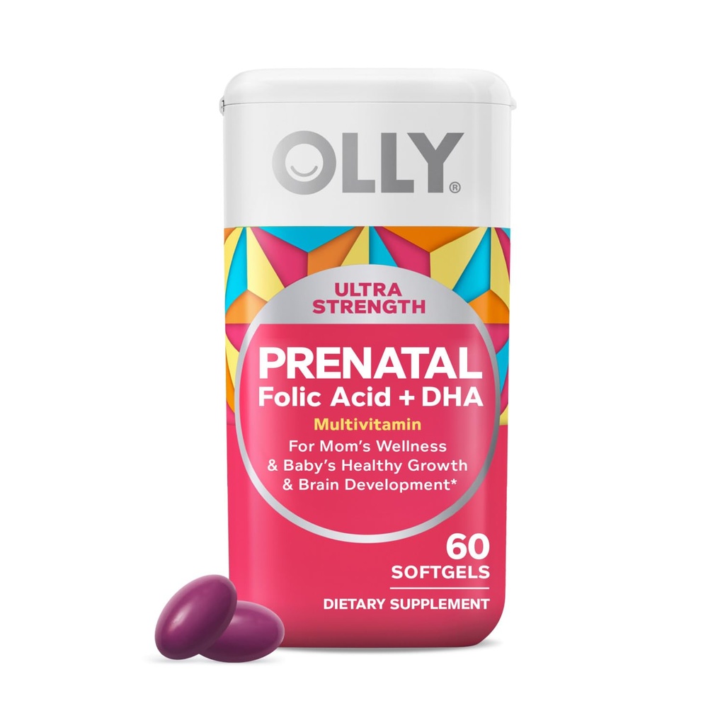 OLLY Ultra Power Prenatal Multivitamin Softgels, תומך צמיחה בריאה, התפתחות המוח, ברזל, Folic Acid, DHA, ויטמין C, E, 30 יום אספקת 60
