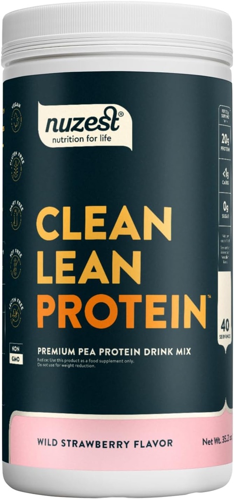 Nuzest - אבקת חלבון פי - חלבון נקי Lean, אבקת חלבון צמחי טבעוני צמחי מבוסס חלבון, חלב חינם, Gluten חינם, GMO חינם, באופן טבעי מתוק, Wild Strawberry, 40 משרתים, 2.2 lb lb lb.