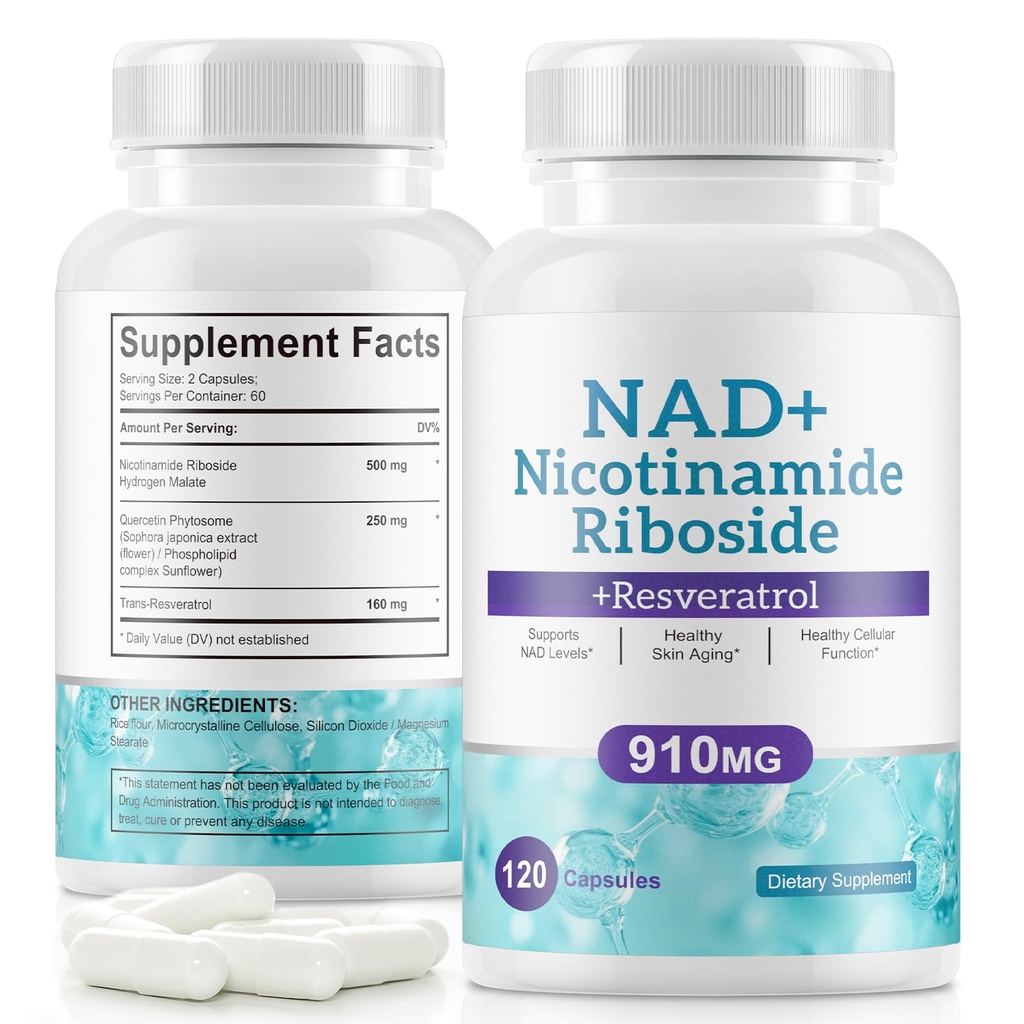 NAD+ תוספת - Liposomal Nicotinamide Riboside - Resveratrol & Quercetin - High Purity NAD תוספי for Anti-Aging, Focus, אנרגיה 120 קפסולות