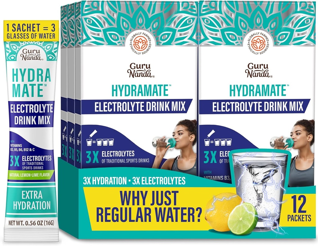 GuruNandahydration Support drink Mix - אלקטרוליט אבקת Packets עבור Dehydration, פעילות גופנית ואנרגיה - לא תוספת Sweeteners, non-GMO, לימון טבעי Lime Flavor - 12 Count (0.56 oz כל אחד)