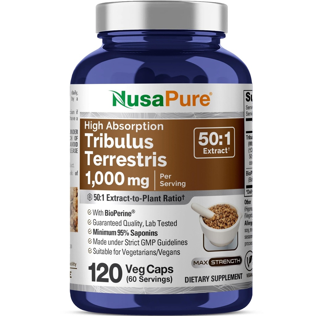 NusaPure Tribulus Terrestris 50:1 לחלץ, 1000 מ"ג שווה ל 50,000 מ"ג 120 Veggie Caps | 95% Steroidal Saponins | Non-GMO, Bioperine