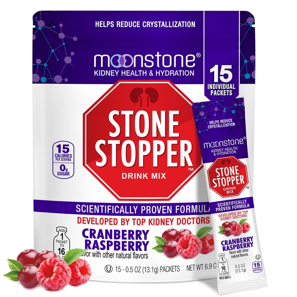 Moonstone Stone Stopper Drink, Cranberry Raspberry, Kidney Stone Prevention, Calcium Oxalate Protector, שפותחה על ידי אורולוגים כדי לשפר את ההידרות ולתמוך בבריאות Kidney, 15 יום אספקה