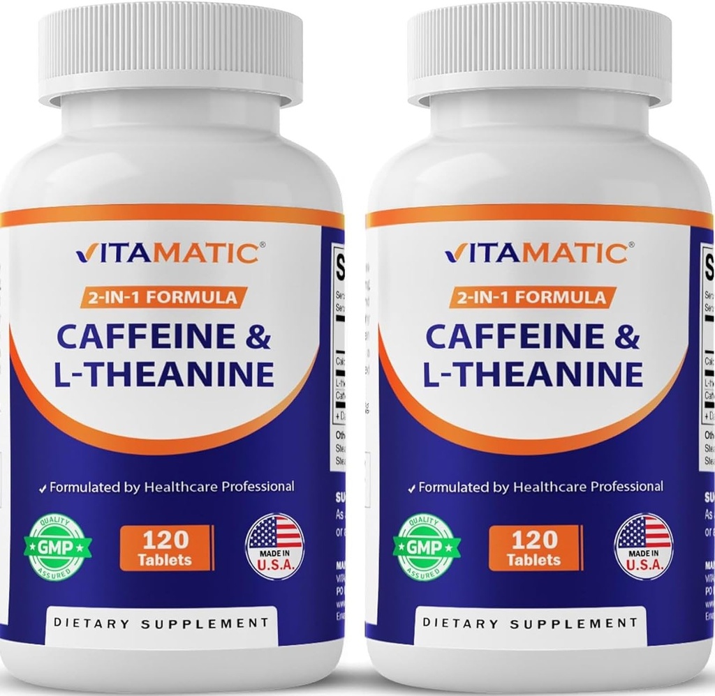 טבליות Vitamatic Caffeine עם L-theanine - 300 מ"ג Per Tablet - 120 טבליות צמחוניות (Pack of 2, 240 טבליות)
