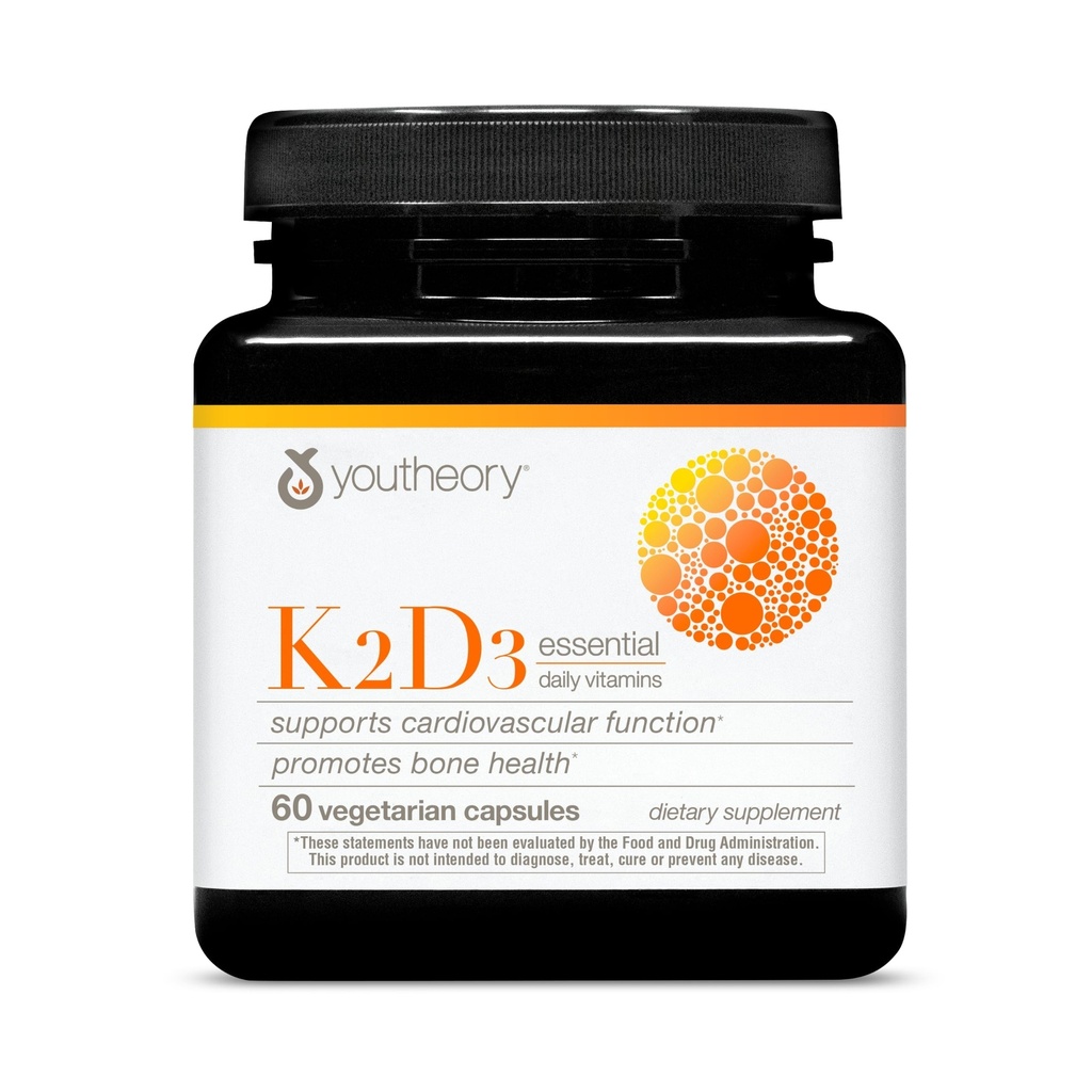 Youtheory K2D3 - Bone & Heart Health Support - משלב ויטמין D3 & ויטמין K2 - חלב, סויה וגלוט חינם - 60 קפסולות צמחוניות