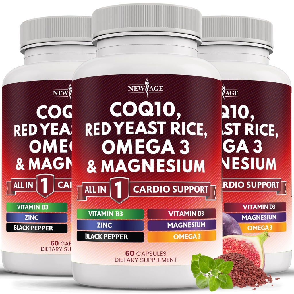 AGE COQ10 200 מ"ג Red Yeast Rice אומגה 3-6-9 Magnesium Complex Zinc ויטמין K2 D3 - תמיכה ויטמינים לנשים וגברים עם ויטמין B3, Coenzyme Q10-180 Count