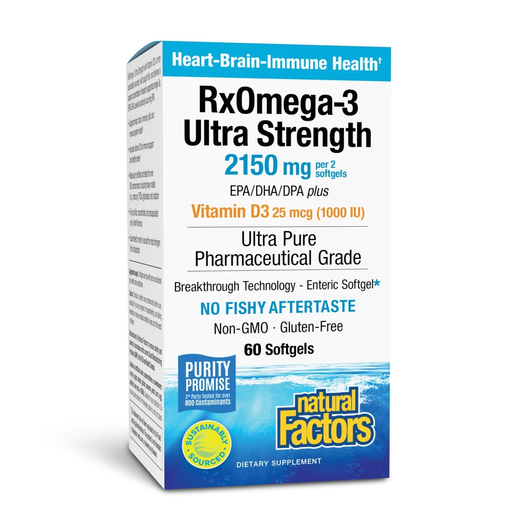 גורמים טבעיים RxOmega 3 Ultra כוח - תוספת תזונתית לתמיכה בבריאות המוח והלב - תוספי בריאות העין עם EPA & DHA - תוספת עם אומגה 3 חומצות שומן - 60 Softgels (30 משרתים)
