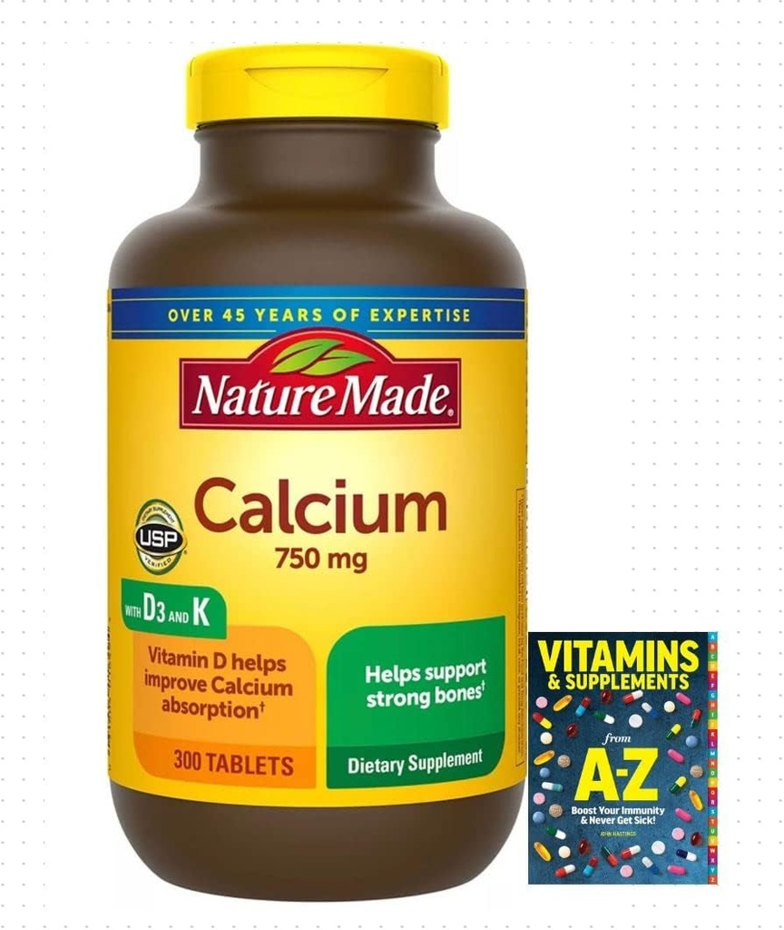 Adventure Home Calcium 750 מ"ג עם ויטמין D3 ו-K, תוספת תזונתית לתמיכה העצם, 300 טבליות + מדריך טוב יותר ויטמינים תוספת ספר חינם
