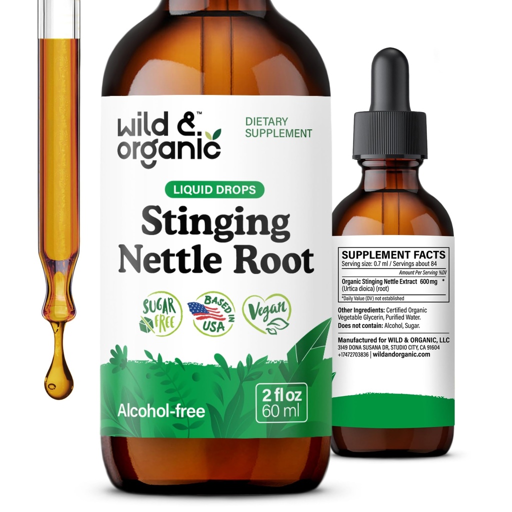 Wild & Organic Sting Nettle Root Drops - Sting Nettle Extractture for Men & Women - נוזל אורטיקה דיויקה - טבעוני, סוכר ואלכוהול חינם - 2 fl oz