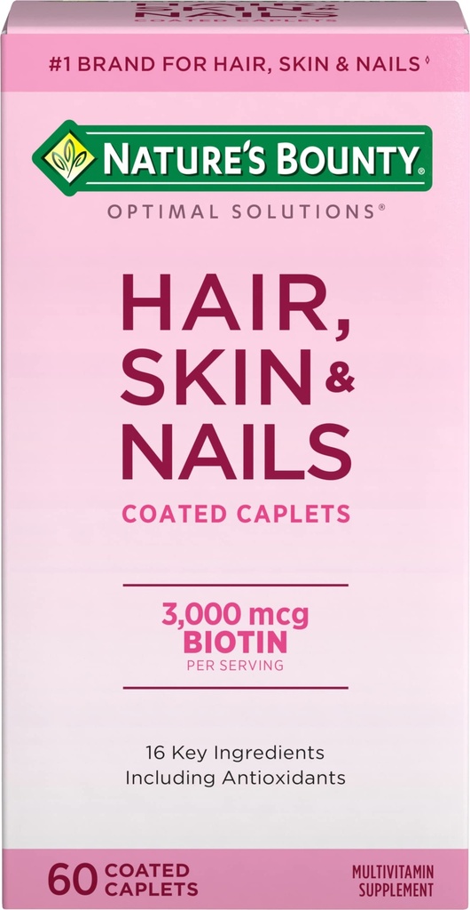Nature's Bounty Optimal Solutions שיער, Skin & Nails פורמולה, עם 3,000 mcg Biotin, 60 Coated Caplets, 20 המשרתות הכוללות