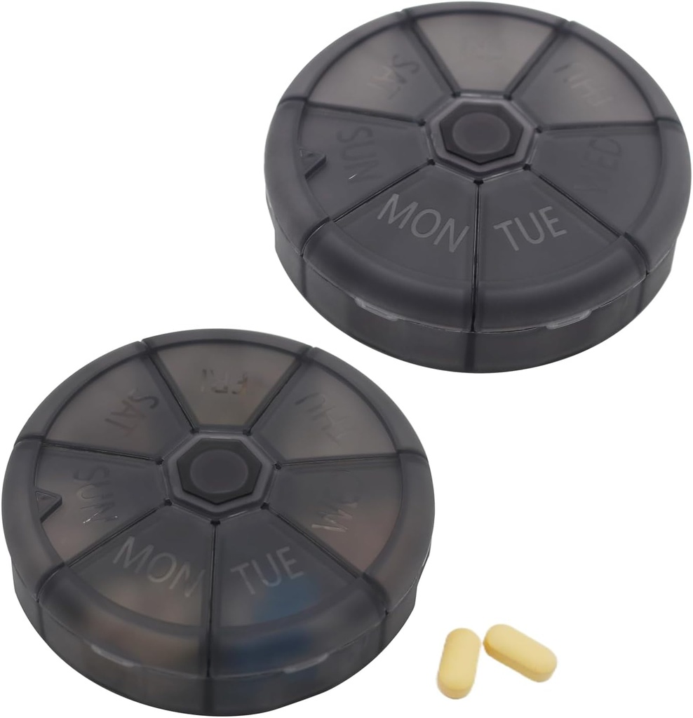 Portable Weekly Pill Productionser 7 Day Pills Container, Round Pill Travel Friendly, Daily Week Pill Reminder Case, BPA-חינם ויטמין, תוסף שמן דגים, מתכנן תרופות (שחור)