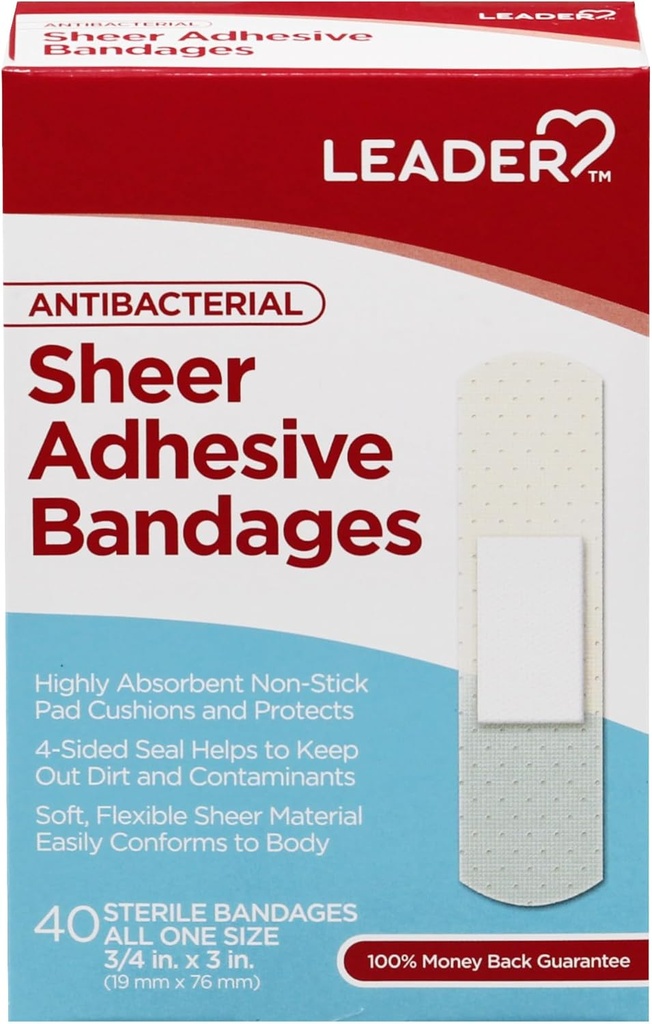 LEADER Sterile Sheer Adhesive Bandages, BT Free, בלנדרים עם עור, מסייע למנוע זיהומים, הגנה נוחה עבור עזרה ראשונה ו Wound Care (3/4) x 3, 40 Count)
