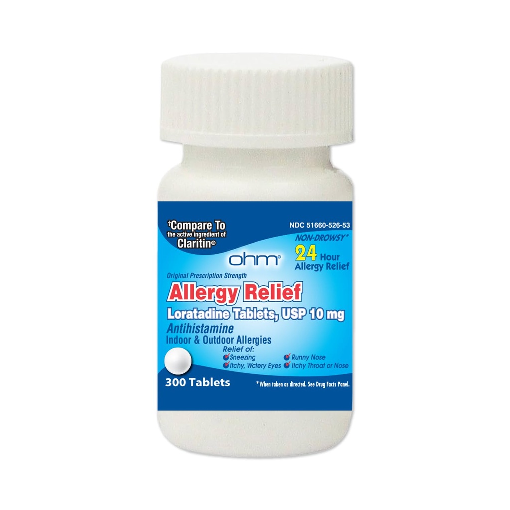 Om 24 Hour Loratadine Allergy טבליות, 10mg - 300 Count | Non-Drowsy Allergy Pills, Medicine Original Prescription Strenghtion