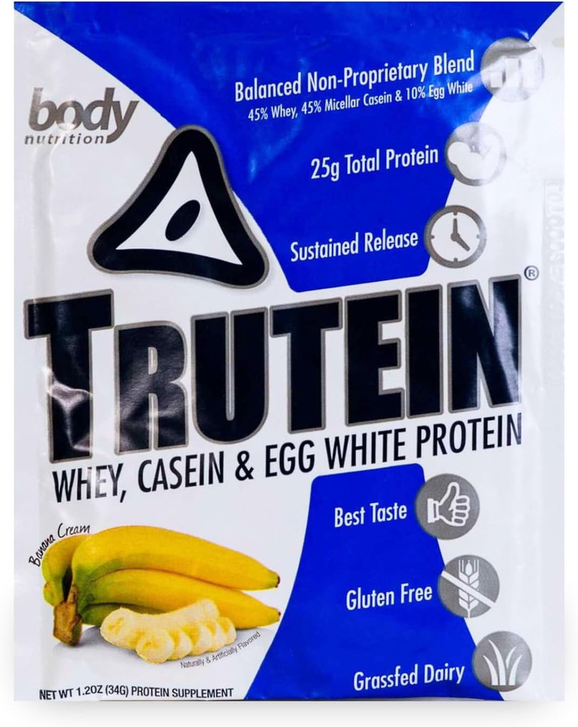 אבקת חלבון גבוהה של הגוף Trutein גבוהה אבקת חלבון: 45% Whey, 45% מקרהין, 10% ביצה לבן, Gluten-Free, Low Sodium, Grass פד Whey חלבון אבקת, תוספת של התעמלות & ארוחת בוקר Shake, קרם בננה, 34g Sample