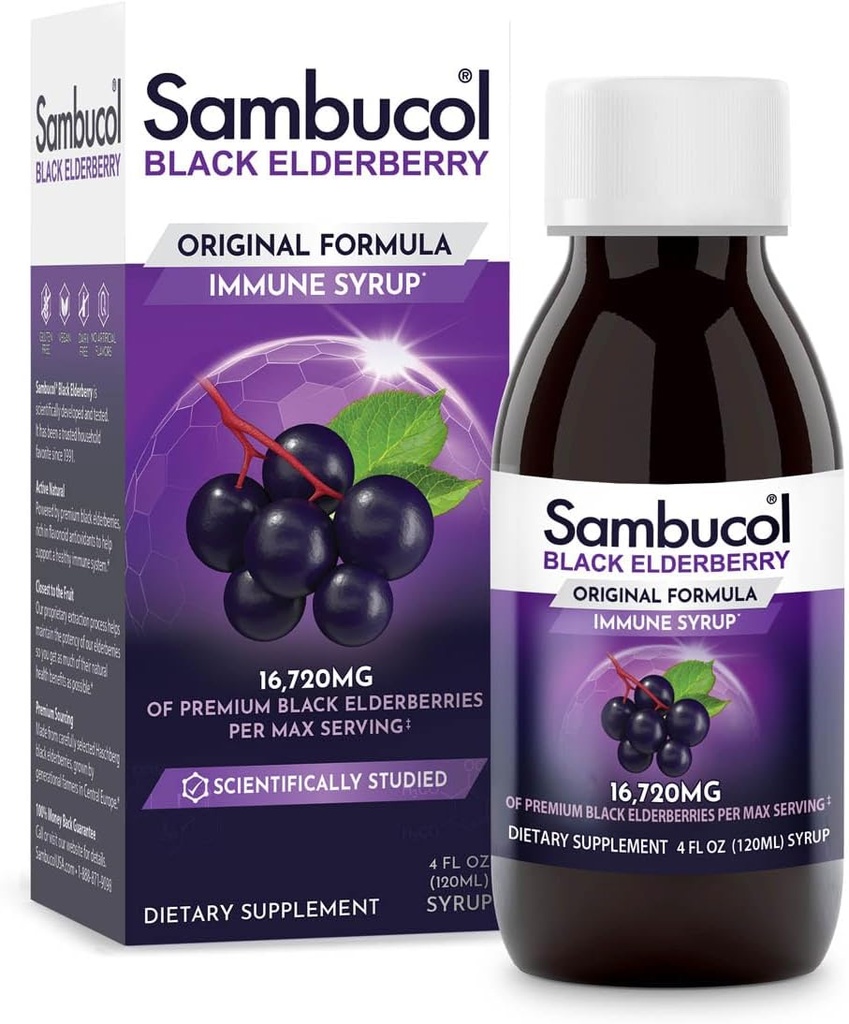 Sambucol Black Elderberry Syrup - Sambucus Elderberry Syrup, Black Elderberry נוזל, Immune Support, Elderberry סירופ לילדים ומבוגרים, אנטיoxidants, גלטן חינם - פורמולה מקורית, 4 Fl Oz Oz
