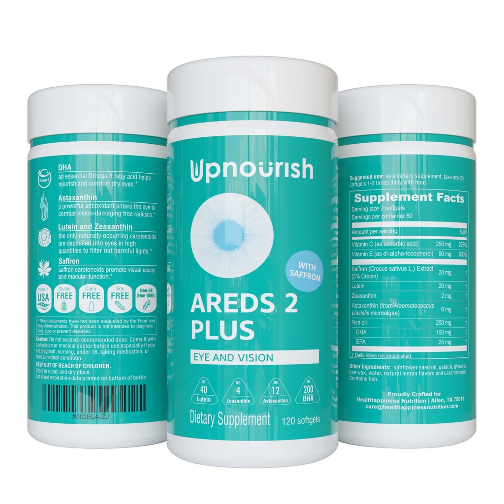 UpNourish areDS 2 Plus עין ויטמין תוסף, AreDS 2 Zinc Free Formula with Lutein, Zeaxanthin, Saffron, Astaxanthin & DHA - 120 רכות
