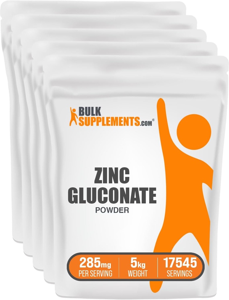 BulkSupplements.com Zinc Gluconate אבקת - Zinc 40 מ"ג, אבקת Zinc - תוספת Znc לתמיכה ב- Immune - Gluten Free, 285 מ"ג לשרת, 5kg (11lbs) (Pack of 5)