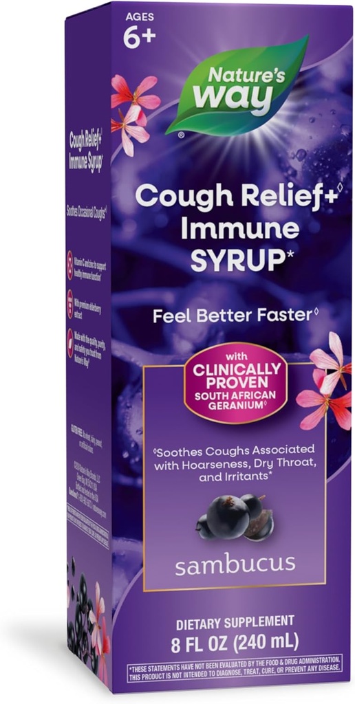 דרכו של הטבע Sambucus Cough Relief +(1) Immune Syrup*, Feel Better Faster(1), פרוב קליני פרובנס דרום אפריקה גרניום, עם Elderberry לחלץ, ויטמין C & Zinc, 8 Oz (Packaging May Vary)