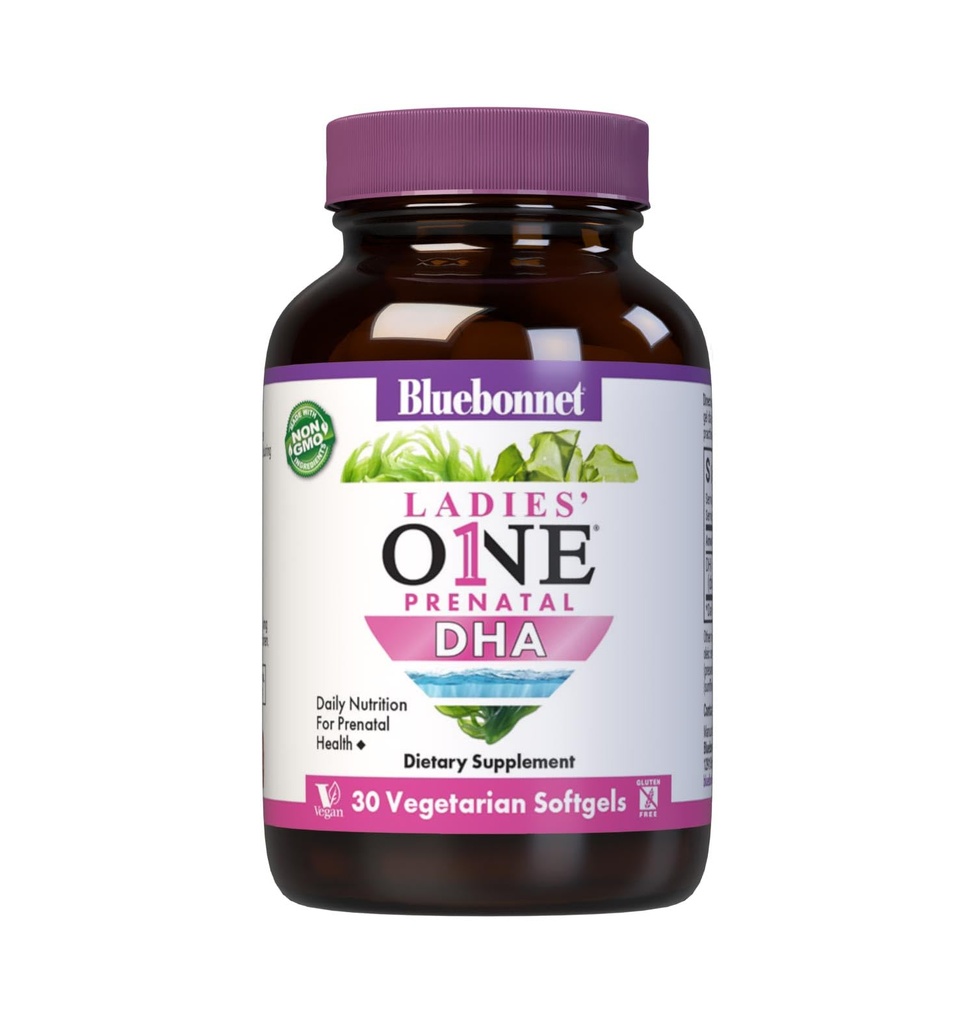 Bluebonnet Nutrition Ladies' One Prenatal DHA, תזונה יומית לבריאות טרום לידתי *, Non-GMO, טבעוני, Gluten-Free, 30 Vegetarian Softgels, 30 משרתות