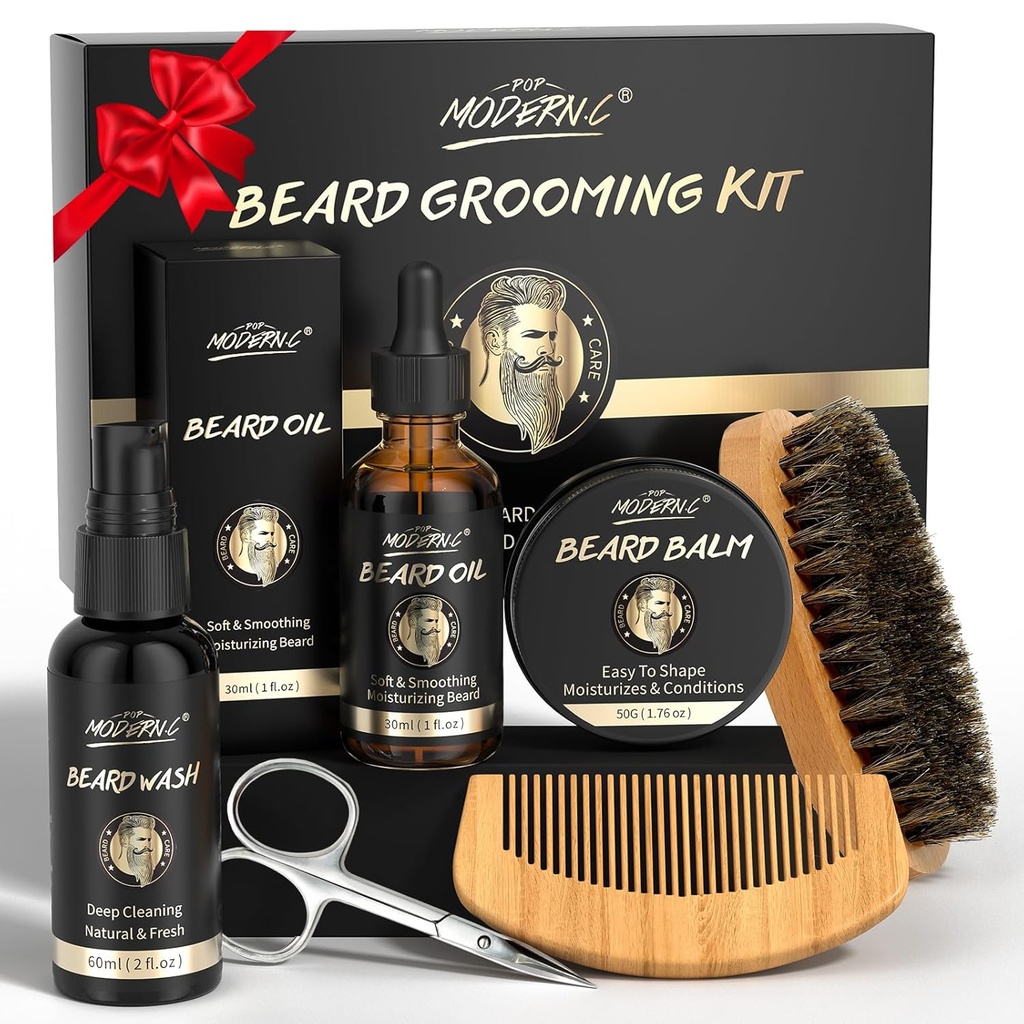 POP MODERN.C Beard Growth Kit Beard Grooming Kit 6pcs Beard Wash Shampoo Beard Oil Beard Balm Beard Comb Brushsorsors