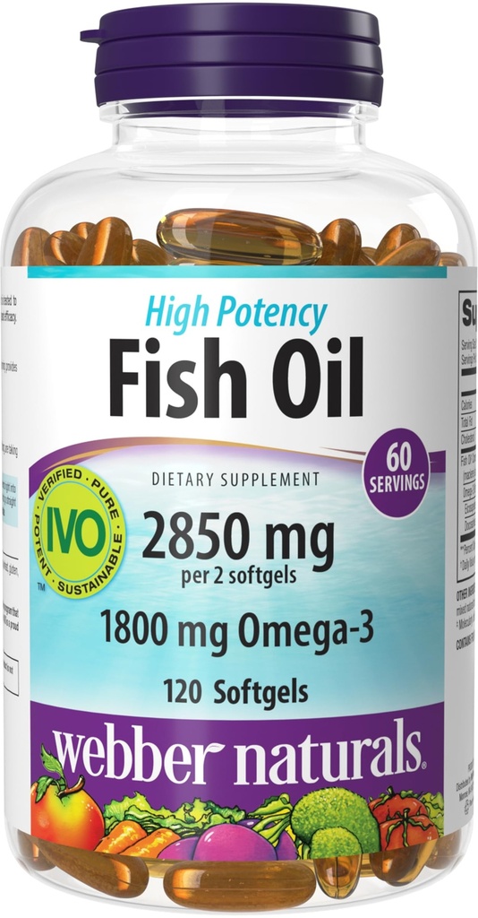 Webber Naturals Fish שמן 2850 מ"ג, עוצמה גבוהה, 1,800 מ"ג אומגה 3 לכל המשרת, 120 קליראזל Enteric Softgels, No Fishy Aftertaste, Ultra-Purified, תומך בלב, קוגניטיבי, בריאות משותפת