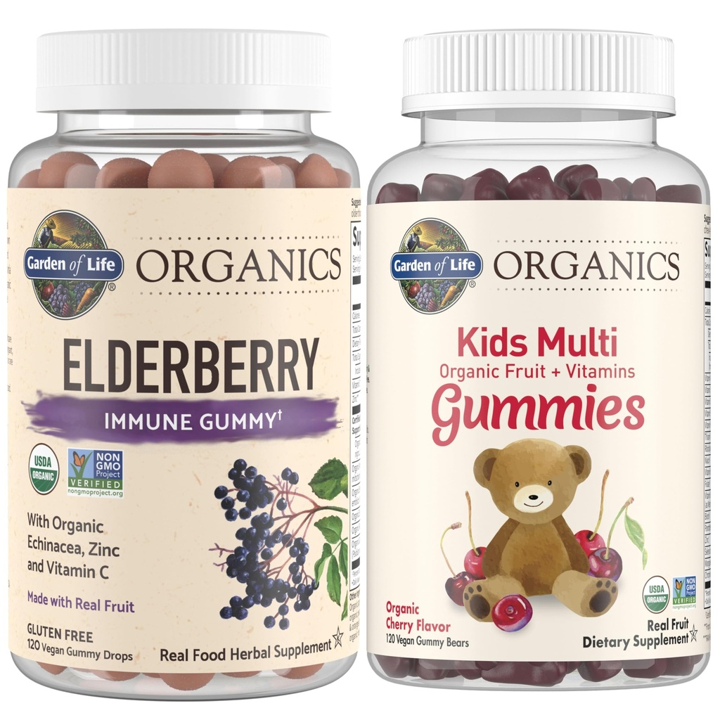 גן החיים אורגנים ילדים Immune Bundle - Elderberry Immune Support Gummies (120 Count) + ילדים אורגני מוסמך Multivitamin חניכיים, non-GMO, Gluten Free, Cherry (120 Count)