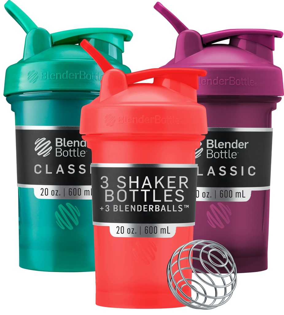 בלנדר בוטל קלאסי V2 Shaker בקבוק מושלם לשקיות חלבונים ו-Pre Workout, 20Ounce (3 Pack), Red, Green, Plum