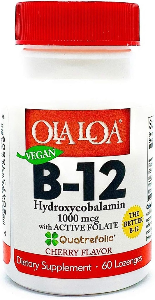 Ola Loa ויטמין B12 sublingual Cherry Dietary תוסף - hydroxyCobalamin, Active Folate, פורמולה טבעונית - לקדם את האנרגיה של הגוף שלך, עצב ותמיכה במוח - 60 טבליות