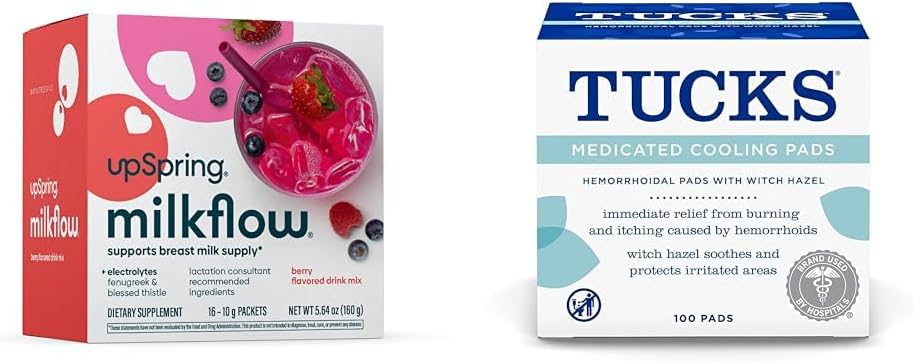 UpSpring Milkflow Electrolyte Breastfeeding תוספת משקה לערבב עם Fenugreek | ברי פלאפור | 16 Drinkes + TuckS Medicated Cooling Pads, 100 Count